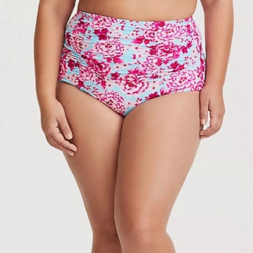 Torrid Pink and Blue Floral Ruched Bikini Bottoms